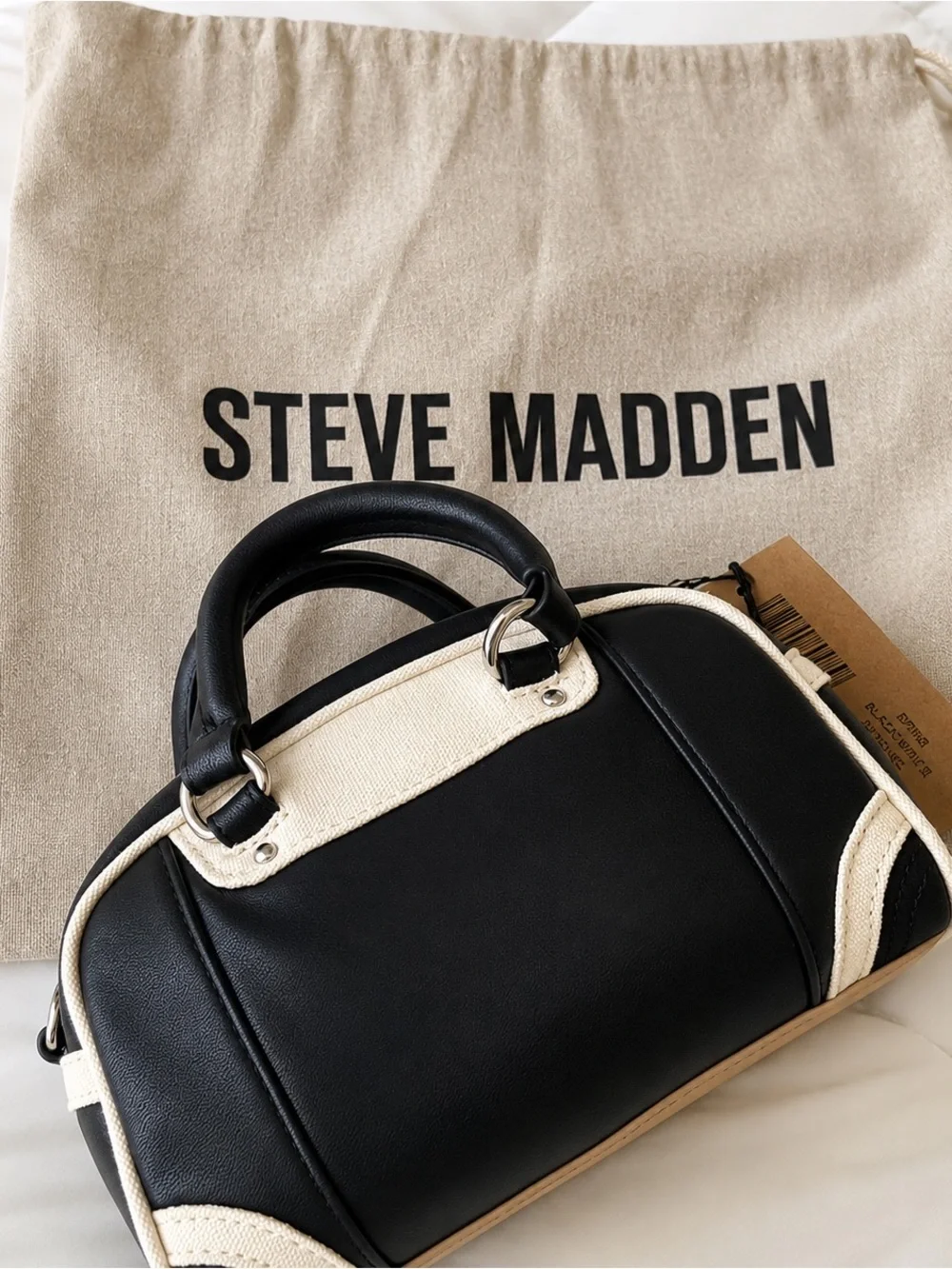Steve Madden Black and Cream Contrast Leather Satchel‎